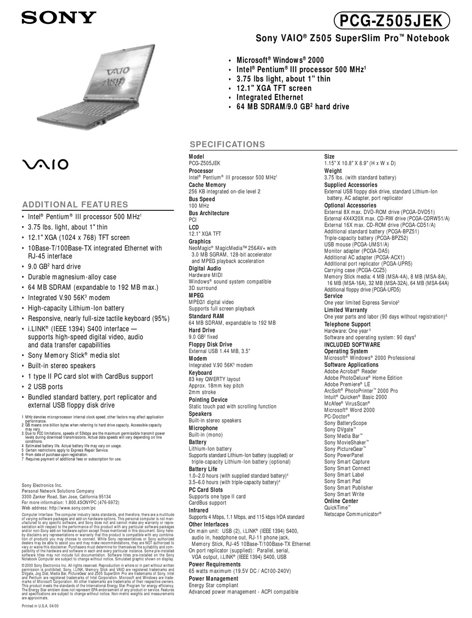 SONY VAIO PCG-Z505JEK SPECIFICATIONS Pdf Download | ManualsLib