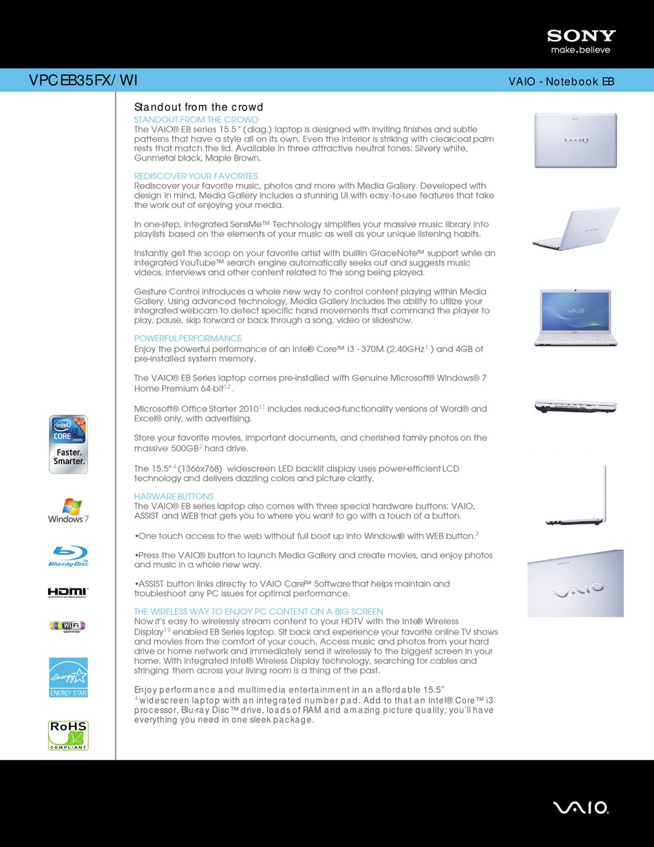 Sony Vaio Vpceb35fx Wi Specifications Pdf Download Manualslib