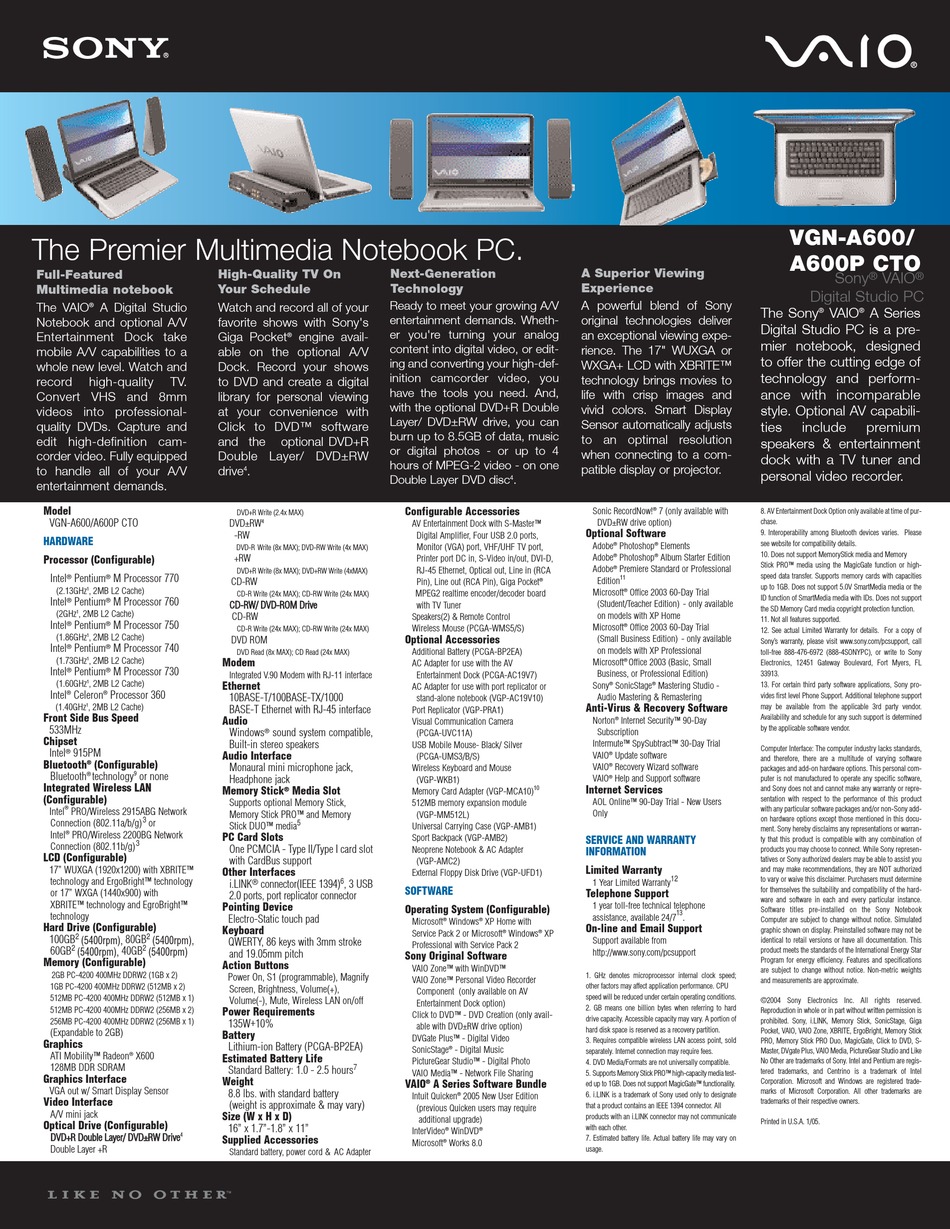 Sony Vgn A600 A600p Specification Sheet Pdf Download Manualslib