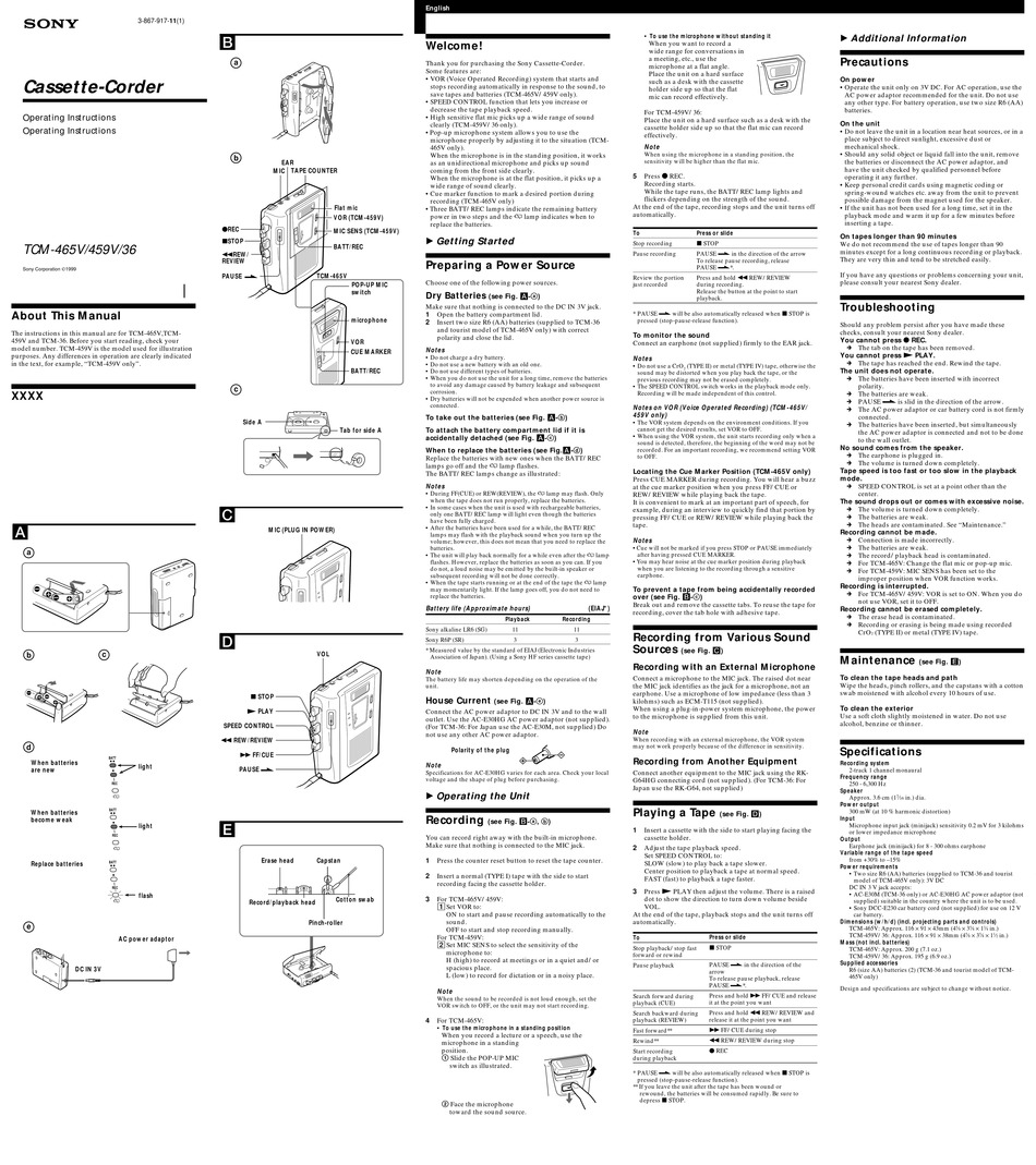 SONY TCM-465 OPERATING INSTRUCTIONS Pdf Download | ManualsLib