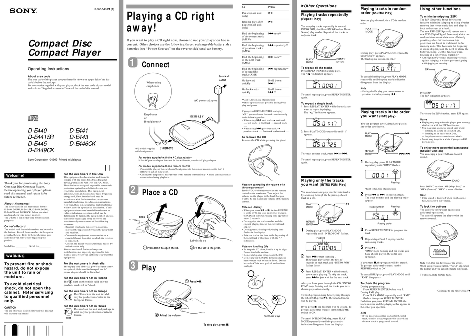 SONY DE440 OPERATING INSTRUCTIONS Pdf Download ManualsLib