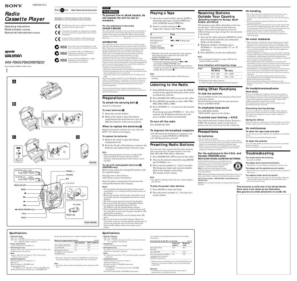 SONY WM-FS420 OPERATING INSTRUCTIONS Pdf Download | ManualsLib