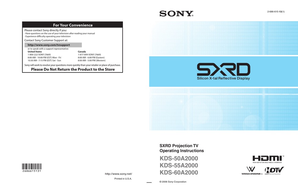 Sony Grand Wega Kds 60a2000 Operating Instructions Manual Pdf Download Manualslib