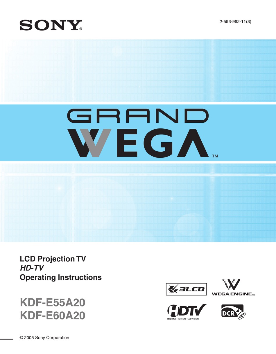 SONY GRAND WEGA KDFE60A20 OPERATING INSTRUCTIONS MANUAL Pdf Download