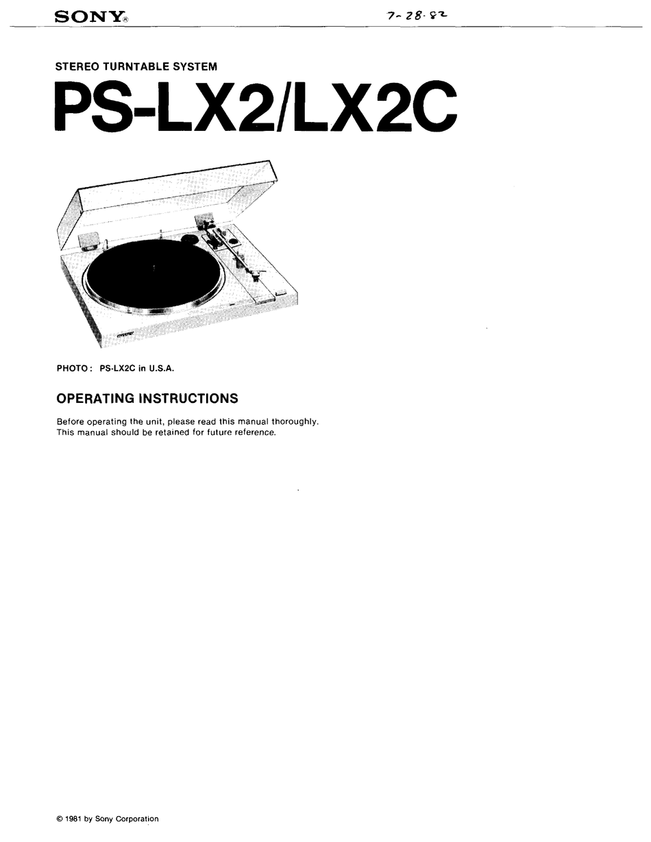 USER MANUAL Operating Instruction Sony PS-LX2 Stereo Turntable System 