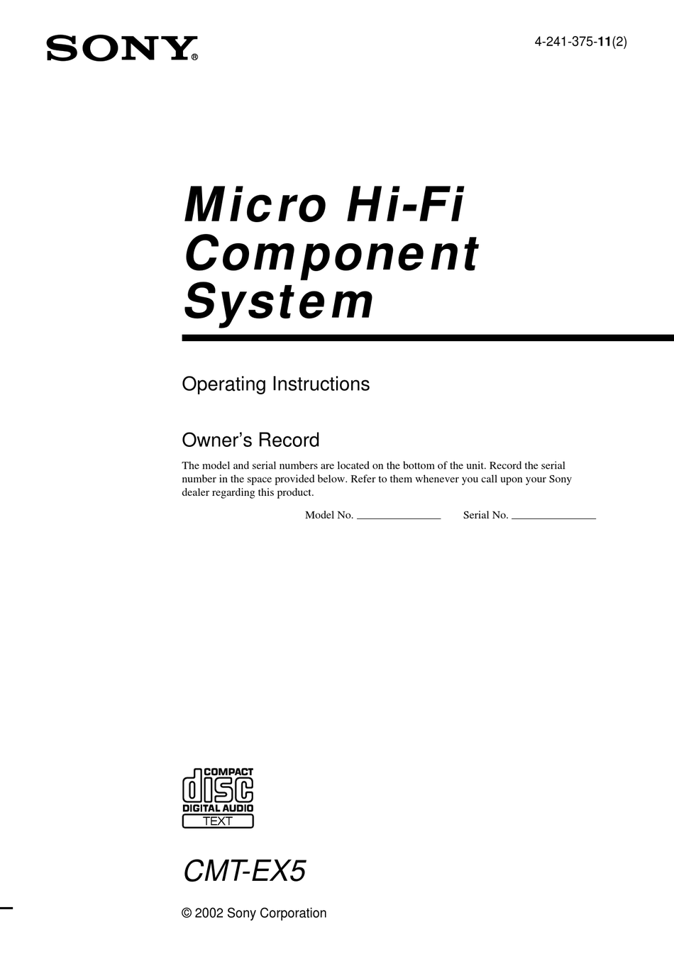 #2484 Manuale di istruzioni Sony CMT ex5 component system 