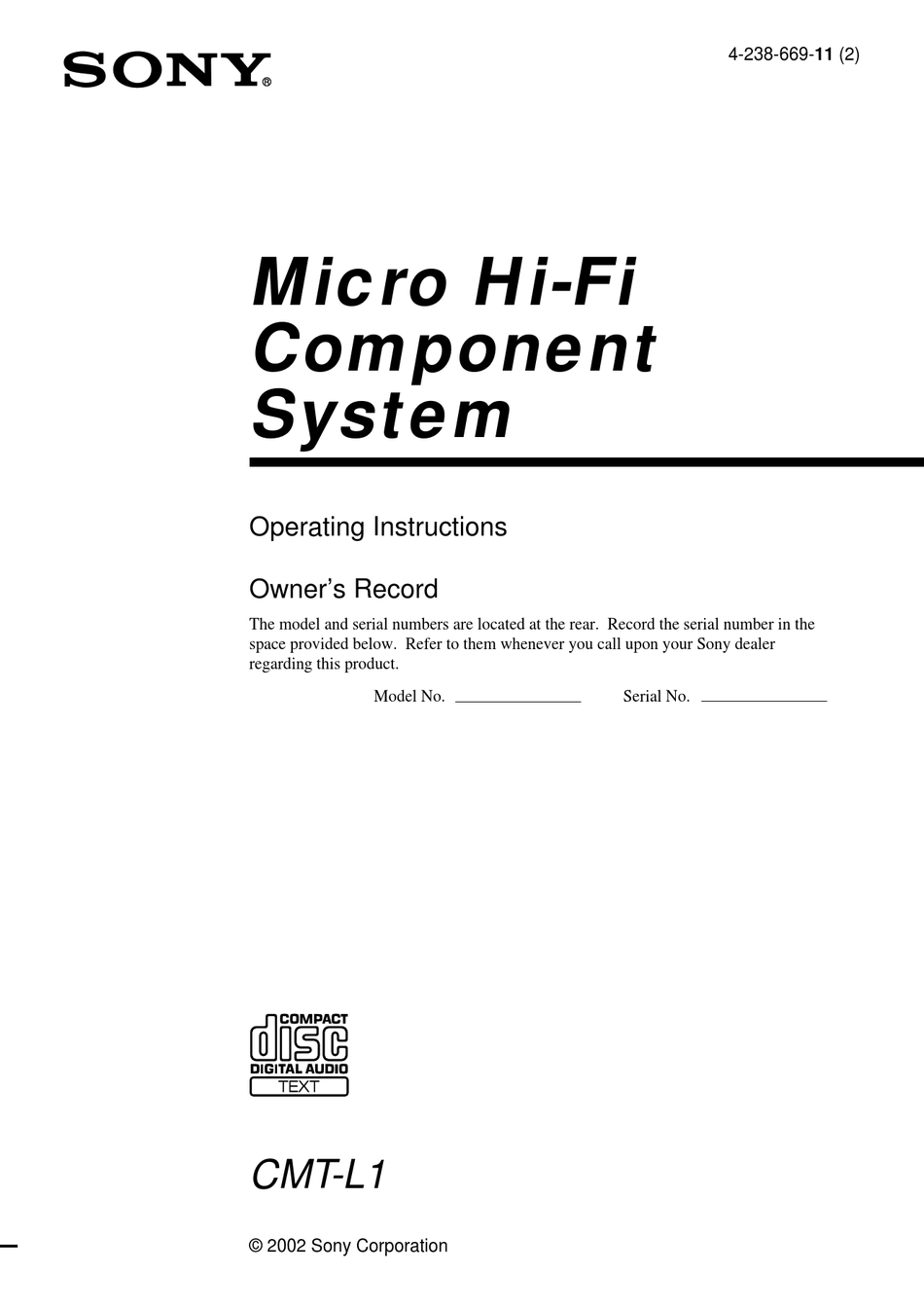 CMT Sony Manuale di Istruzioni Cmt M11C Componente Sistema #2527 