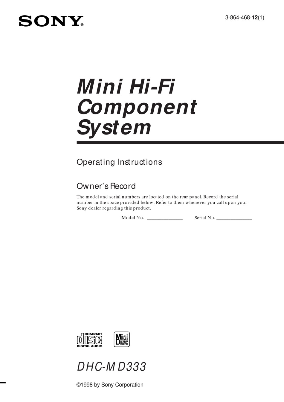 SONY DHC-MD333 PRIMARY OPERATING INSTRUCTIONS MANUAL Pdf Download