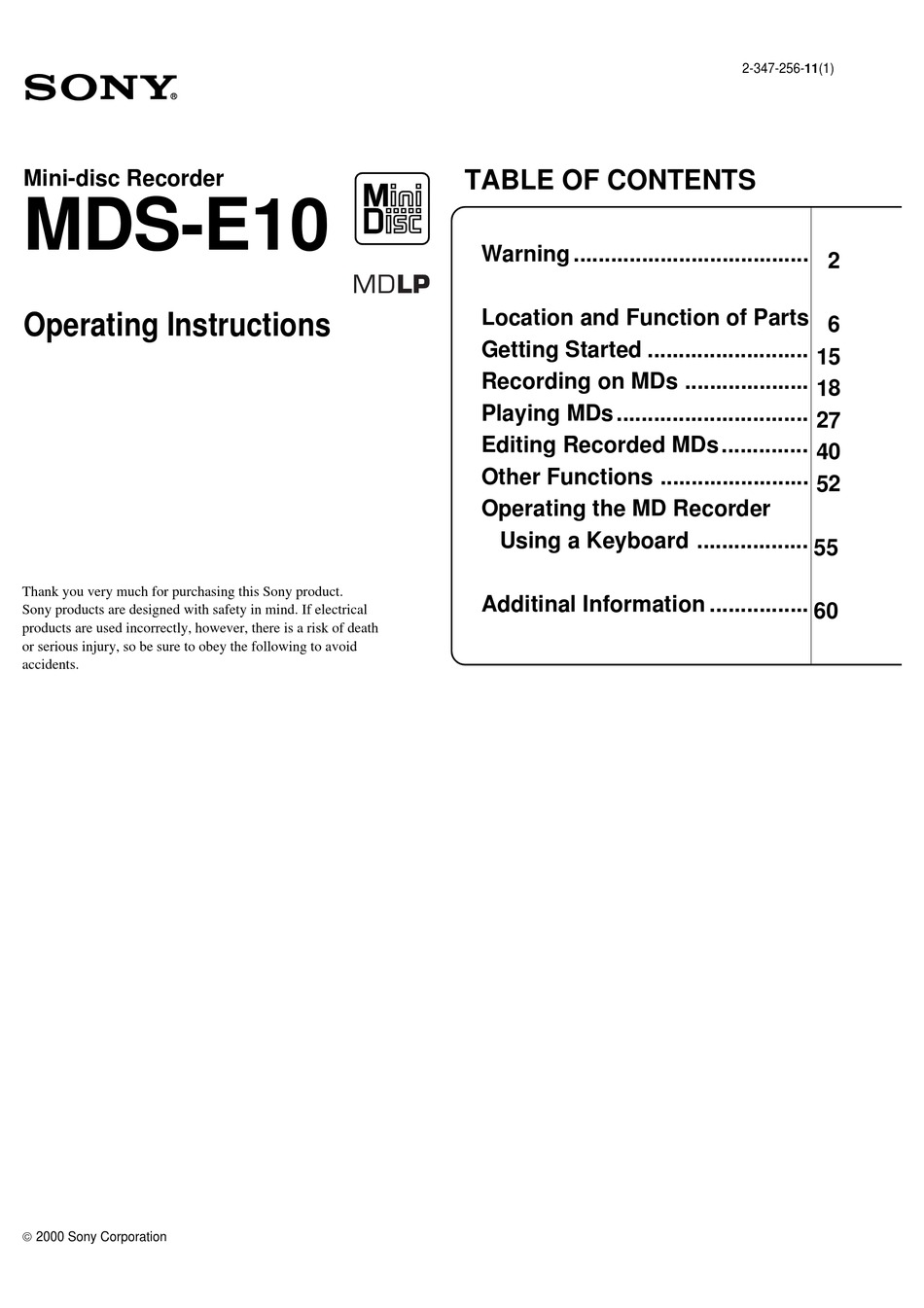 SONY MDS-E10 OPERATING INSTRUCTIONS MANUAL Pdf Download | ManualsLib