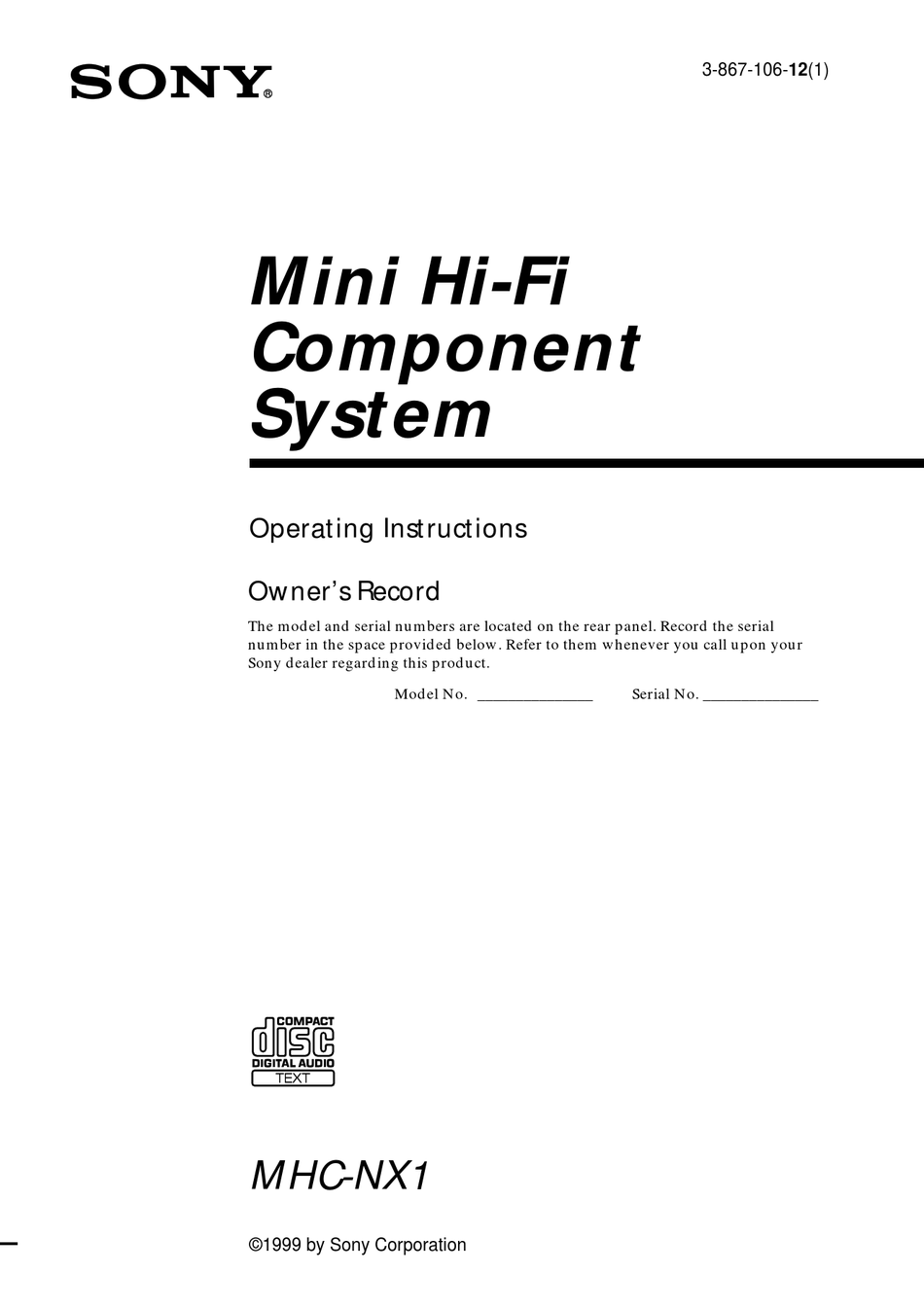 SONY MHC-NX1 OPERATING INSTRUCTIONS (PRIMARY MANUAL) OPERATING ...