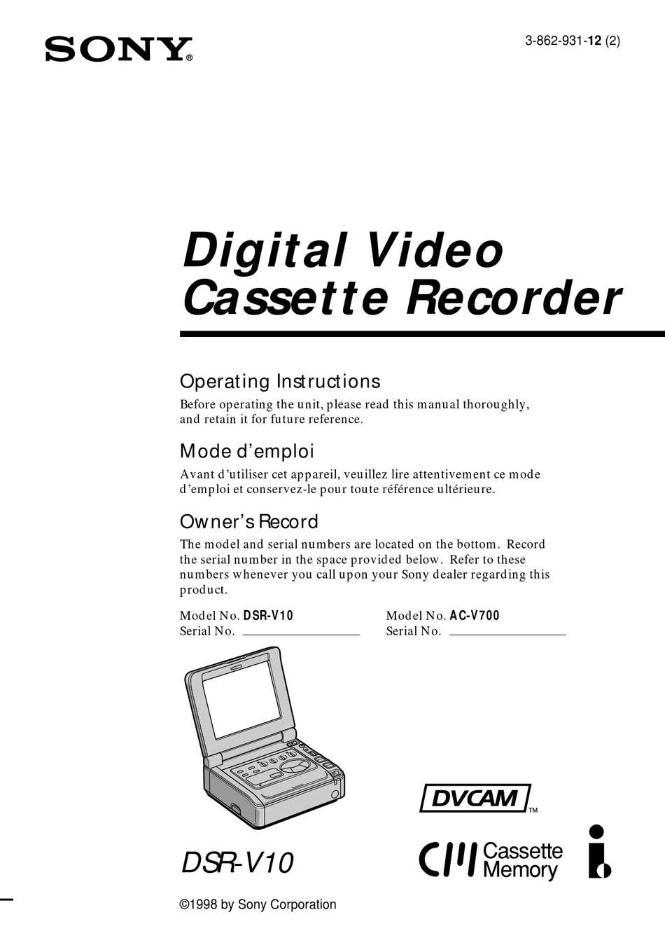 Sony Dvcam Dsr V10 Operating Instructions Manual Pdf Download Manualslib