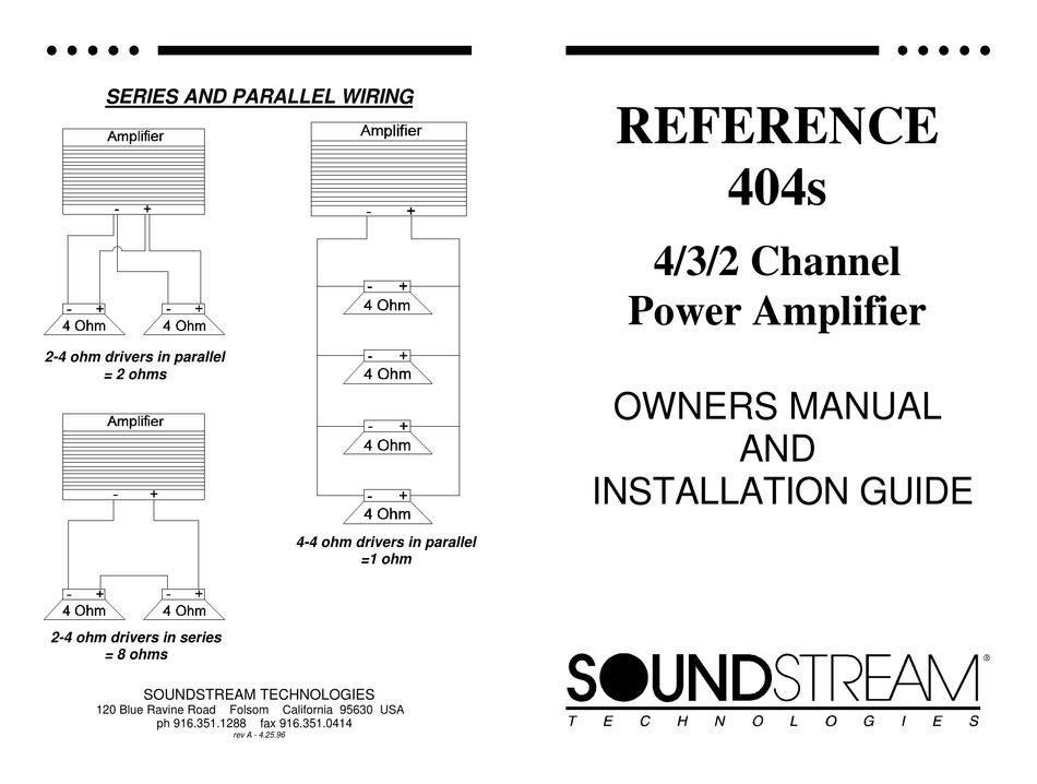 SOUNDSTREAM REFERENCE 404S OWNER'S MANUAL AND INSTALLATION MANUAL Pdf