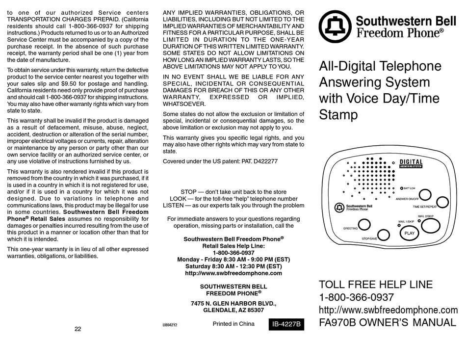 Southwestern Bell All Digital Answering System 