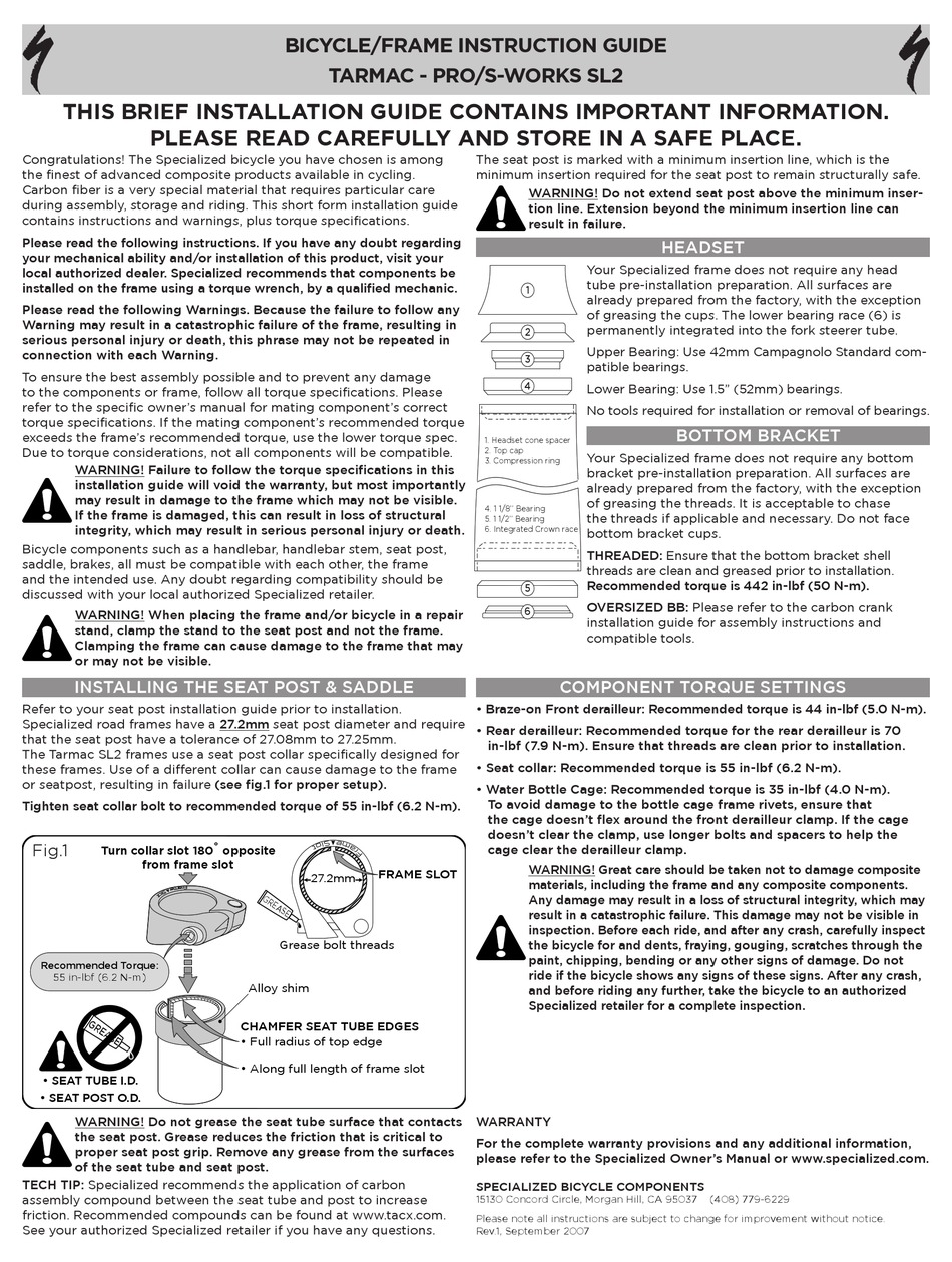 SPECIALIZED SWORKS SL2 INSTRUCTION MANUAL Pdf Download ManualsLib