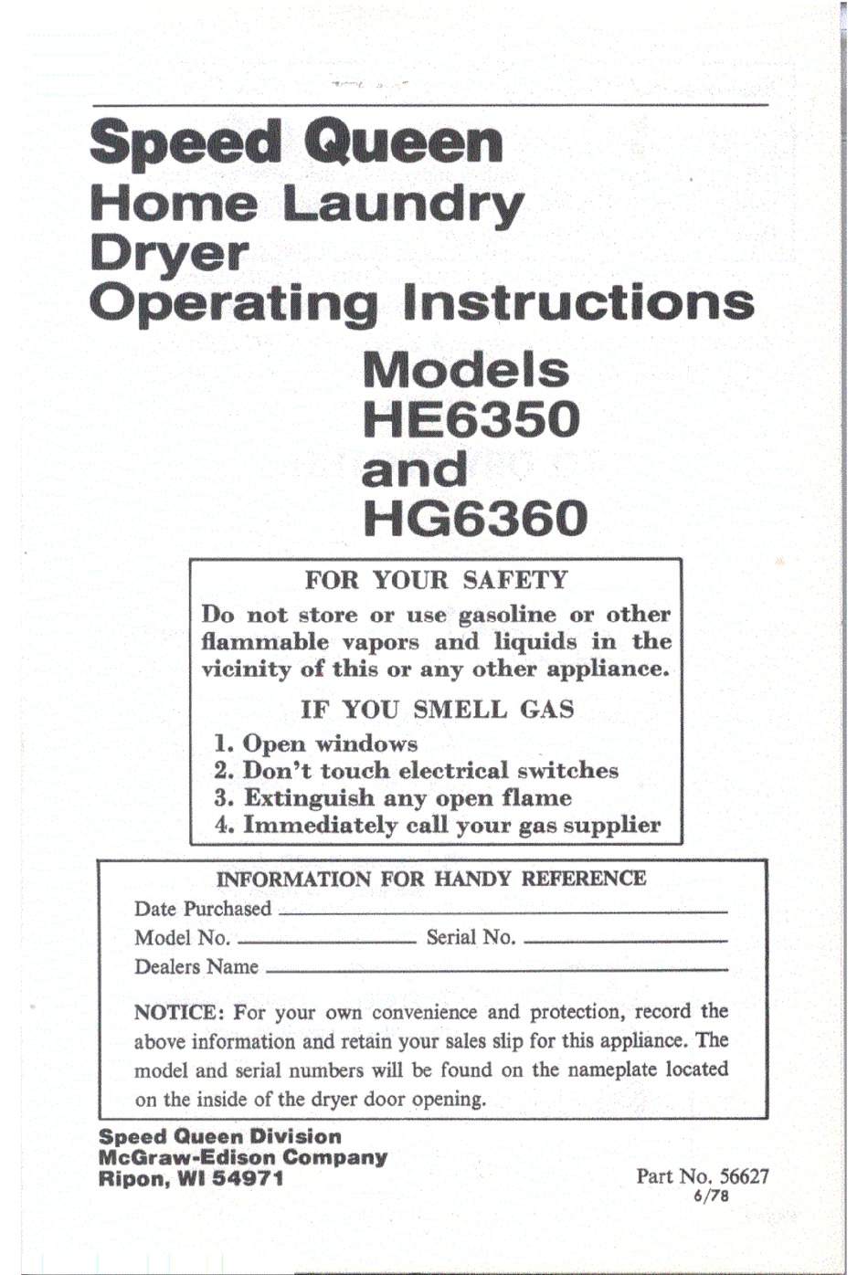 SPEED QUEEN HE6350 OPERATING INSTRUCTIONS Pdf Download ManualsLib