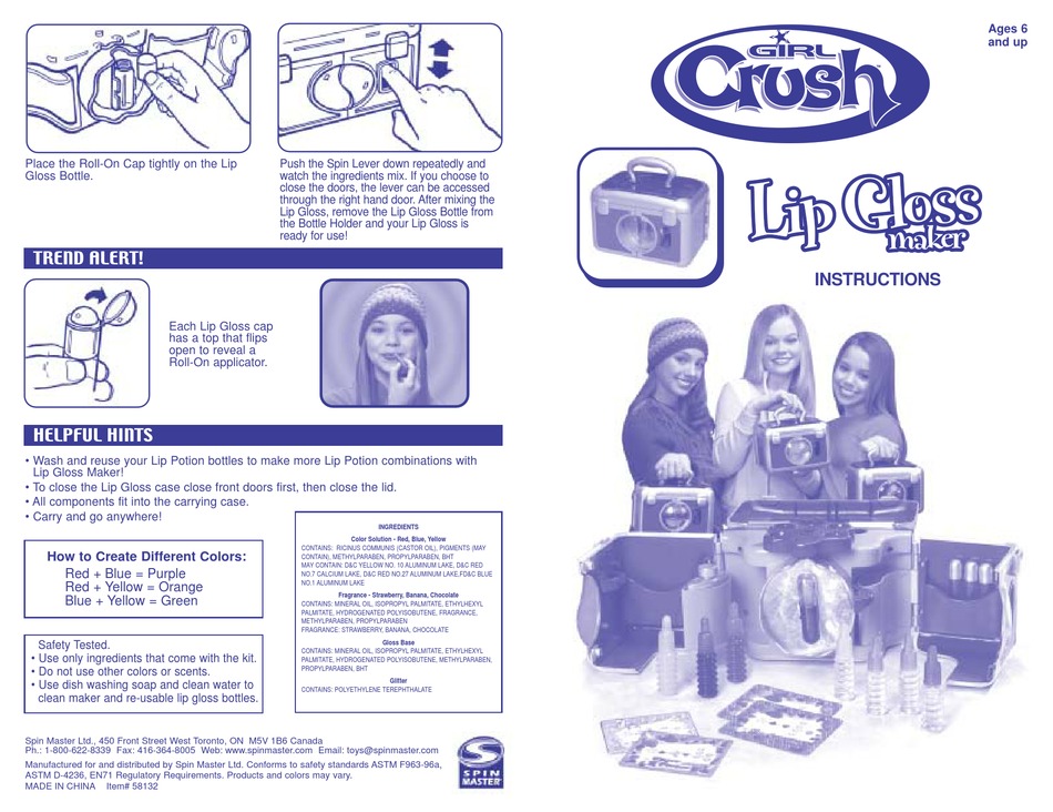 SPIN MASTER GIRL CRUSH LIP GLOSS MAKER INSTRUCTION MANUAL Pdf Download