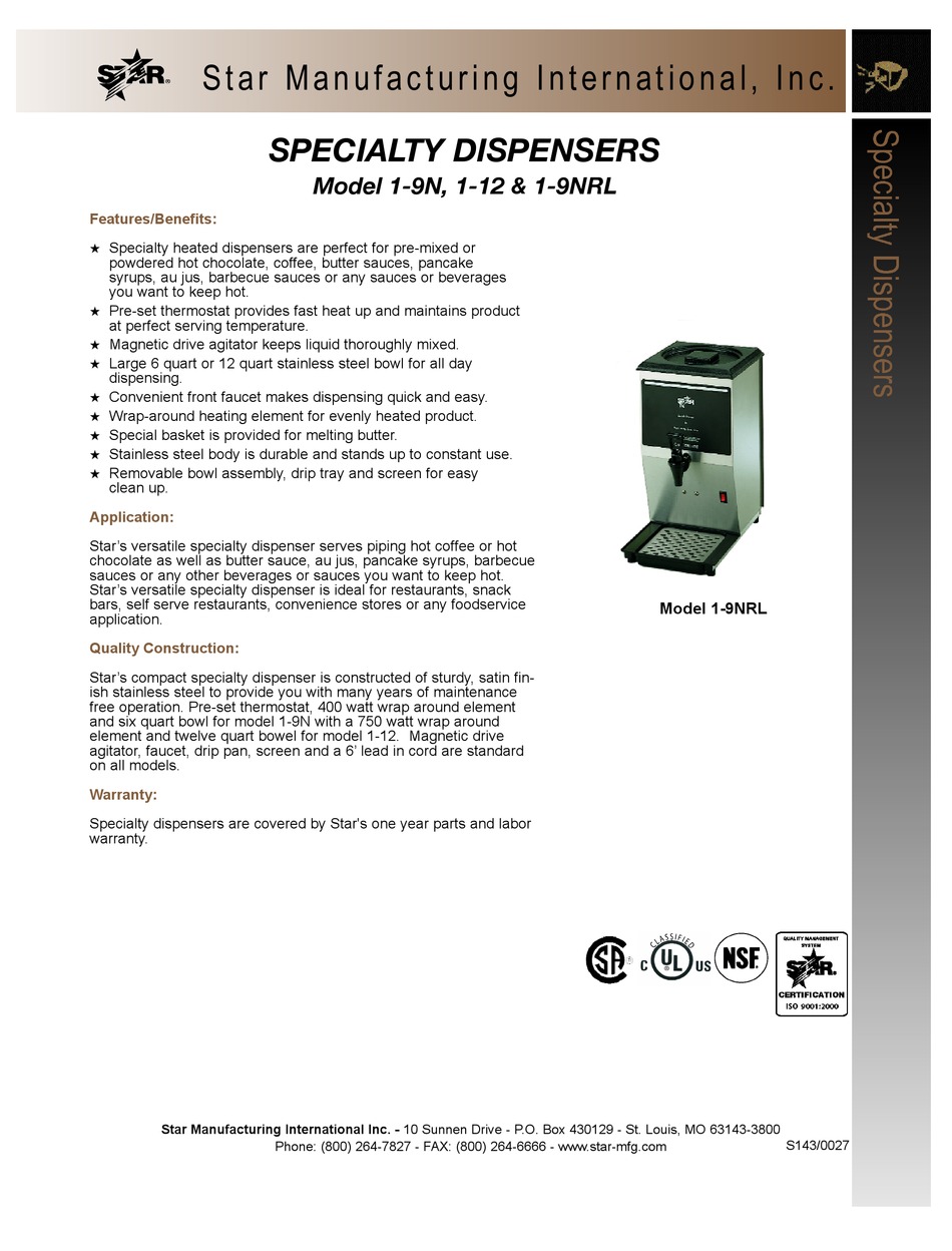 STAR MANUFACTURING SPECIALTY DISPENSERS 112 BROCHURE & SPECS Pdf