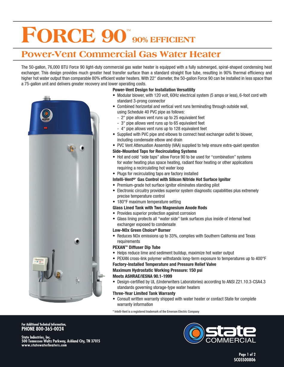 STATE WATER HEATERS FORCE 90TM SPECIFICATION SHEET Pdf Download