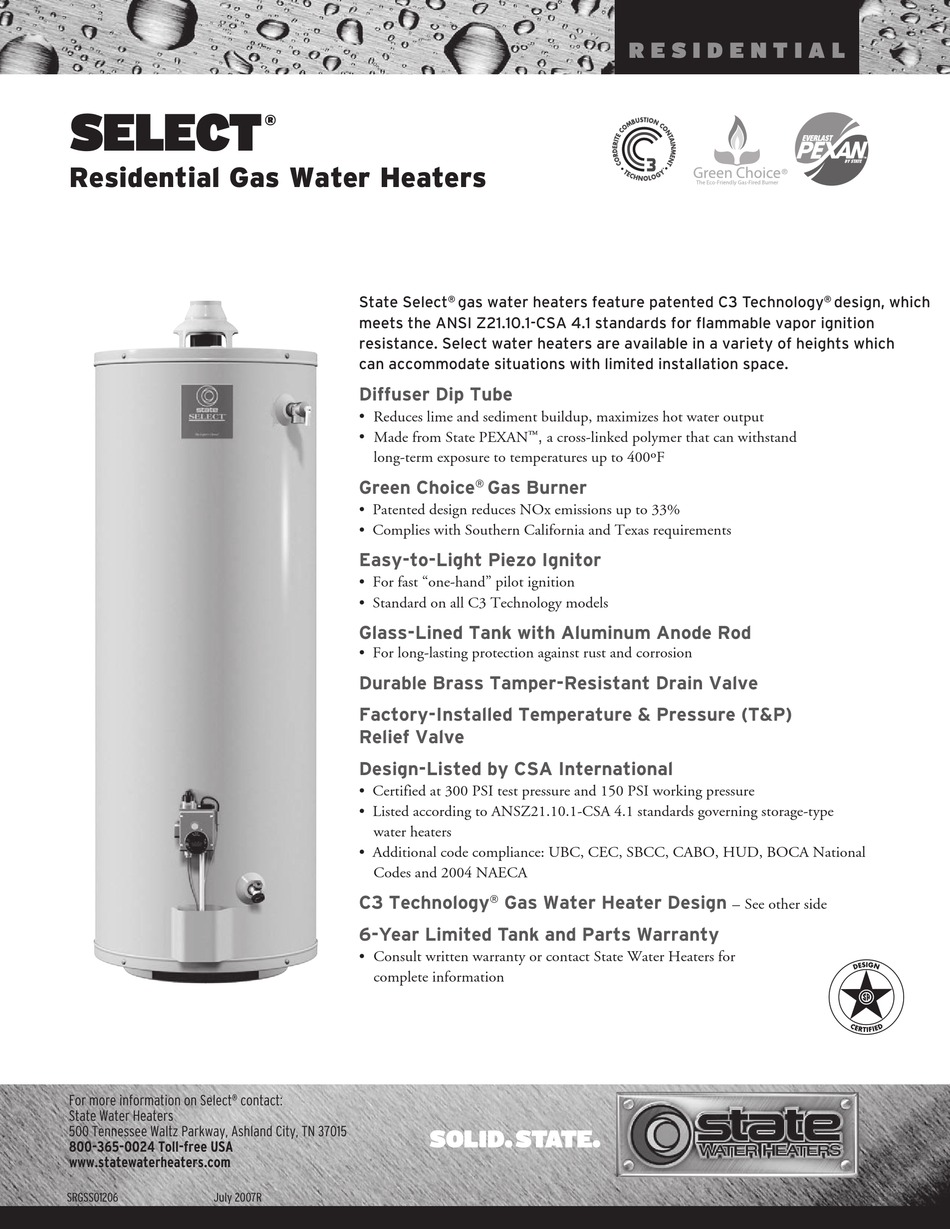 STATE WATER HEATERS GS6 40 HBRT SPECIFICATION SHEET Pdf Download |  ManualsLib