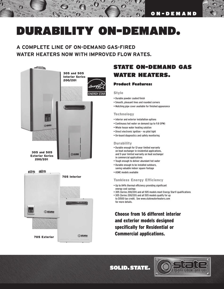 STATE WATER HEATERS 305 EXTERIOR SPECIFICATION SHEET Pdf Download