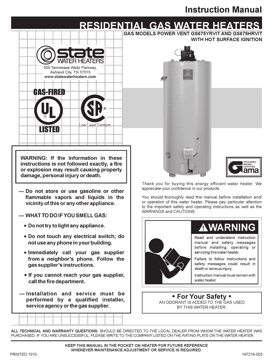 STATE WATER HEATERS GS675HRVIT INSTRUCTION MANUAL Pdf Download ManualsLib