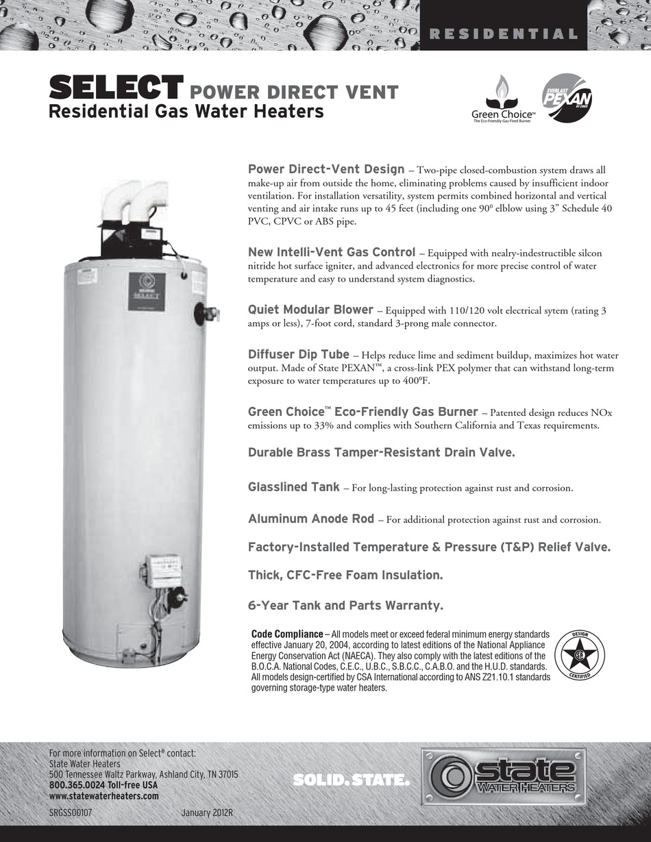 STATE WATER HEATERS SRGSS00107 SPECIFICATION SHEET Pdf Download