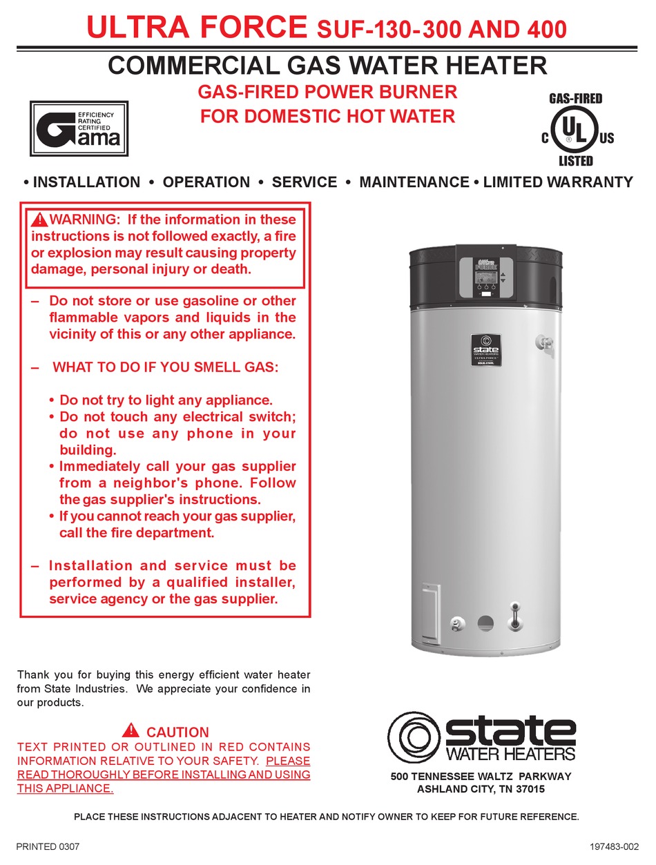 STATE WATER HEATERS SUF-130-300 OPERATOR'S MANUAL Pdf Download | ManualsLib