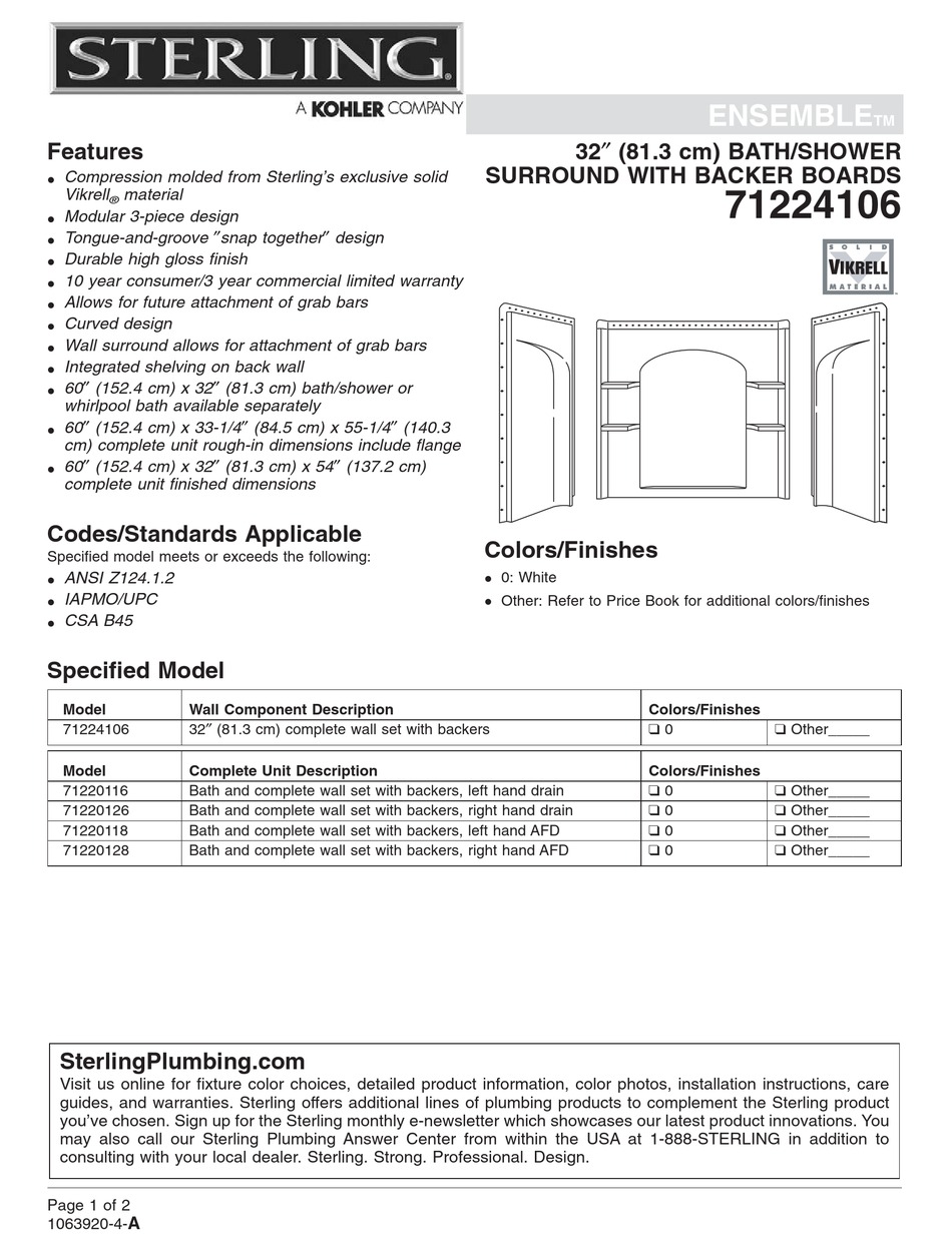 STERLING PLUMBING 71224106 SPECIFICATION SHEET Pdf Download ManualsLib