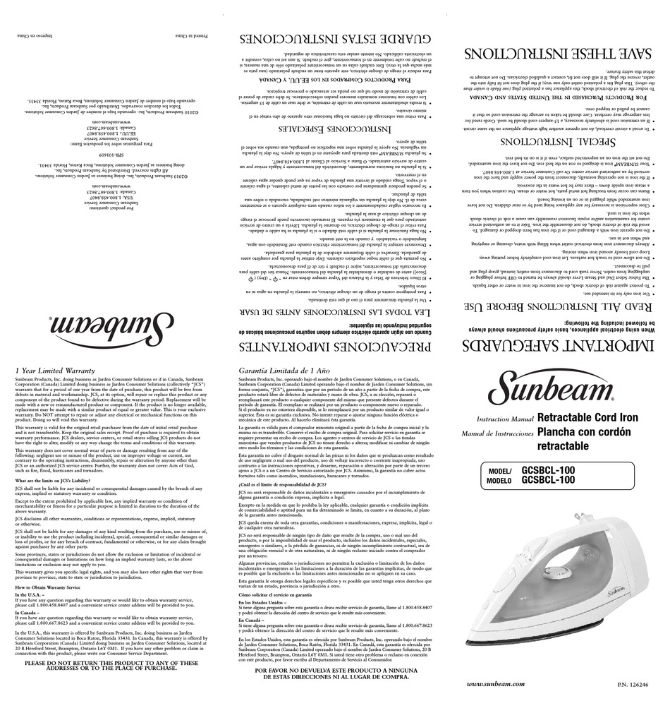 SUNBEAM GCSBCL100 INSTRUCTION MANUAL Pdf Download ManualsLib