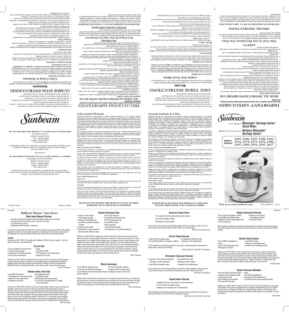 SUNBEAM MIXMASTER 2351 USER MANUAL Pdf Download ManualsLib