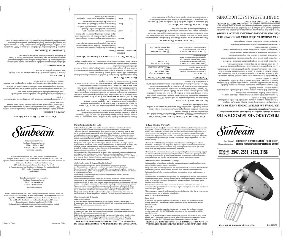 SUNBEAM MIXMASTER 2553 USER MANUAL Pdf Download ManualsLib