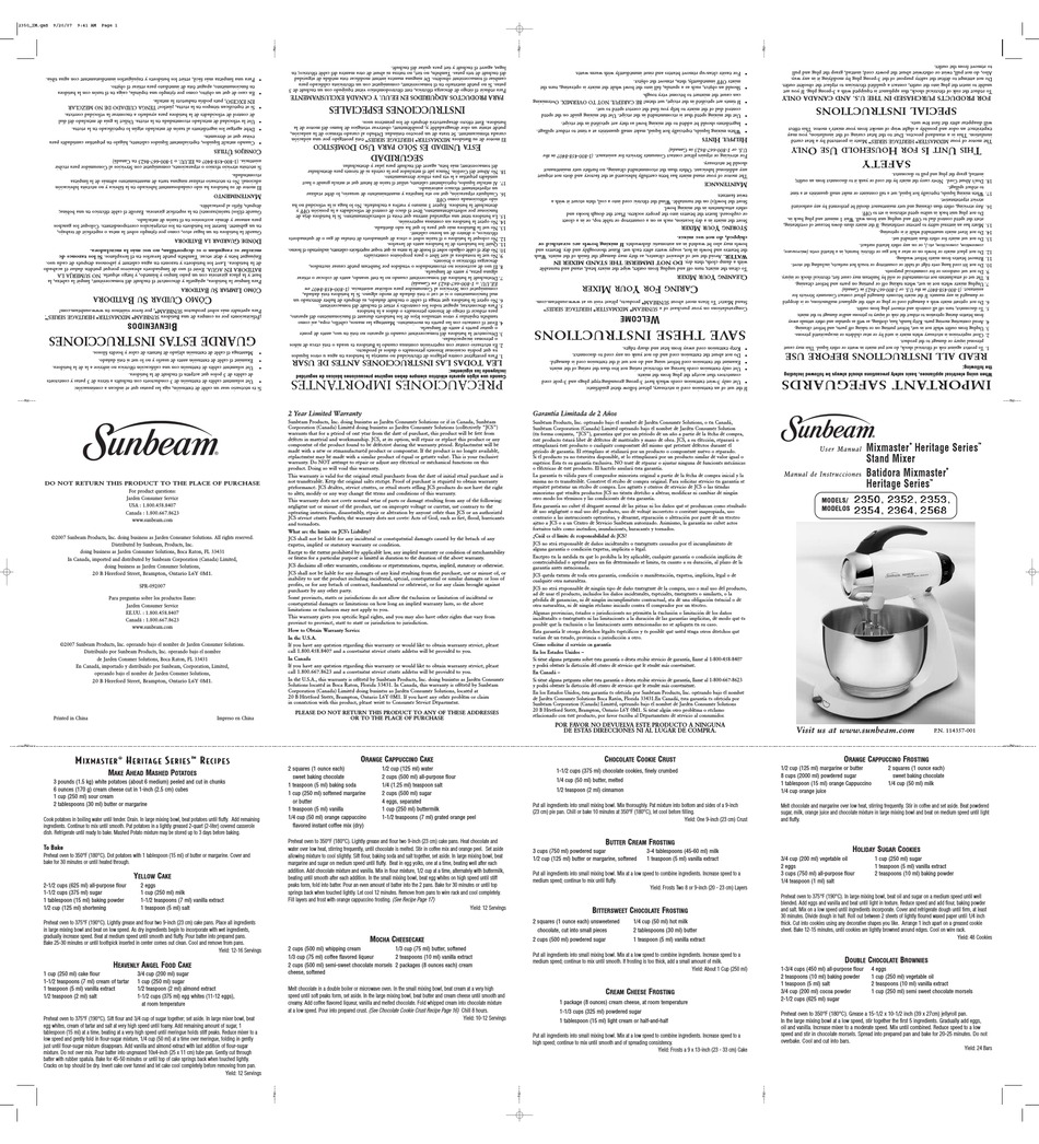 SUNBEAM MIXMASTER 2352 USER MANUAL Pdf Download ManualsLib