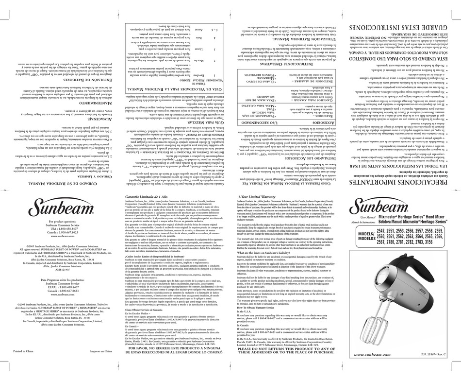 SUNBEAM MIXMASTER 2556 USER MANUAL Pdf Download ManualsLib