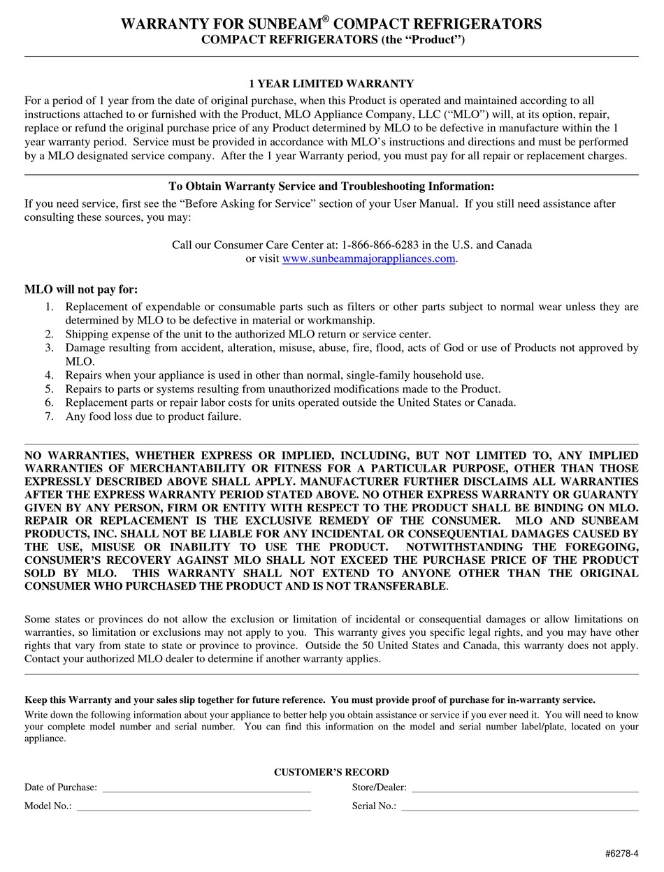 SUNBEAM COMPACT REFRIGERATOR WARRANTY Pdf Download ManualsLib