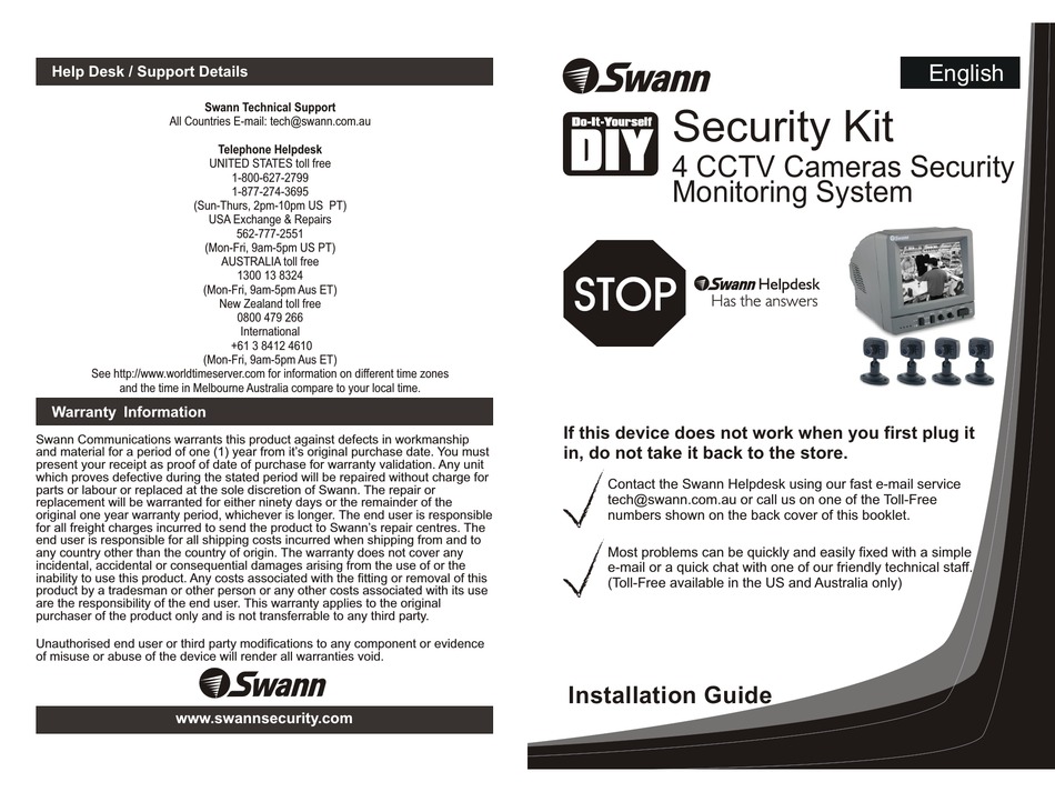 SWANN 4 CCTV CAMERAS SECURITY MONITORING SYSTEM INSTALLATION MANUAL Pdf