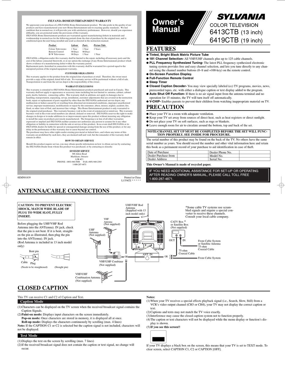 SYLVANIA 6413CTB, 6419CTB OWNER'S MANUAL Pdf Download | ManualsLib