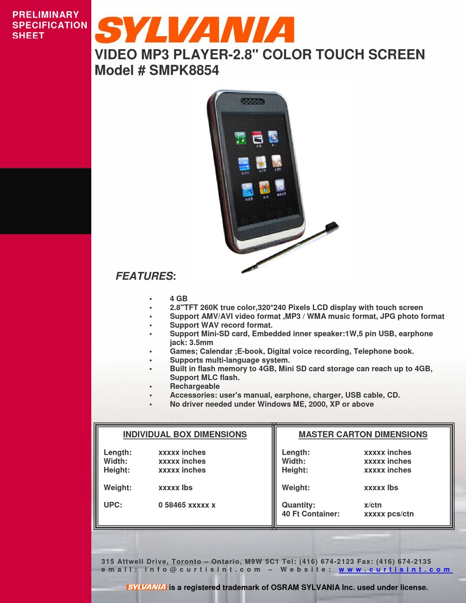 Dim Xxxx Ei Video - SYLVANIA SMPK8854 SPECIFICATION SHEET Pdf Download | ManualsLib