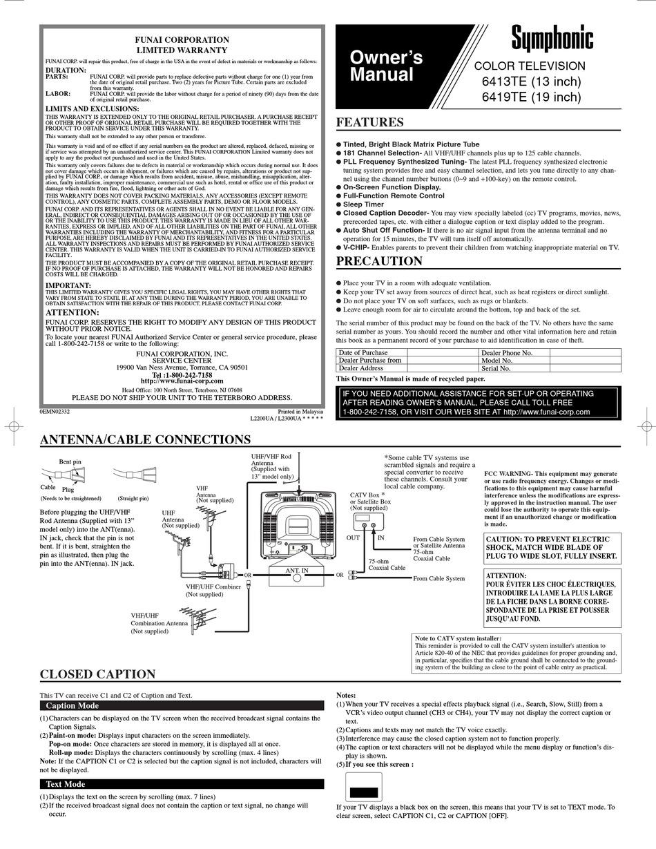 SYMPHONIC 6413TE, 6419TE OWNER'S MANUAL Pdf Download | ManualsLib