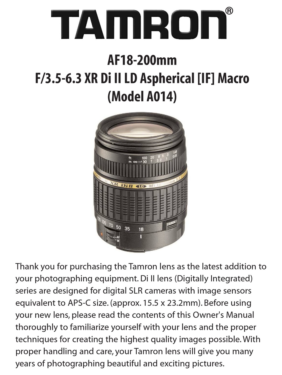 TAMRON A014 OWNER'S MANUAL Pdf Download | ManualsLib