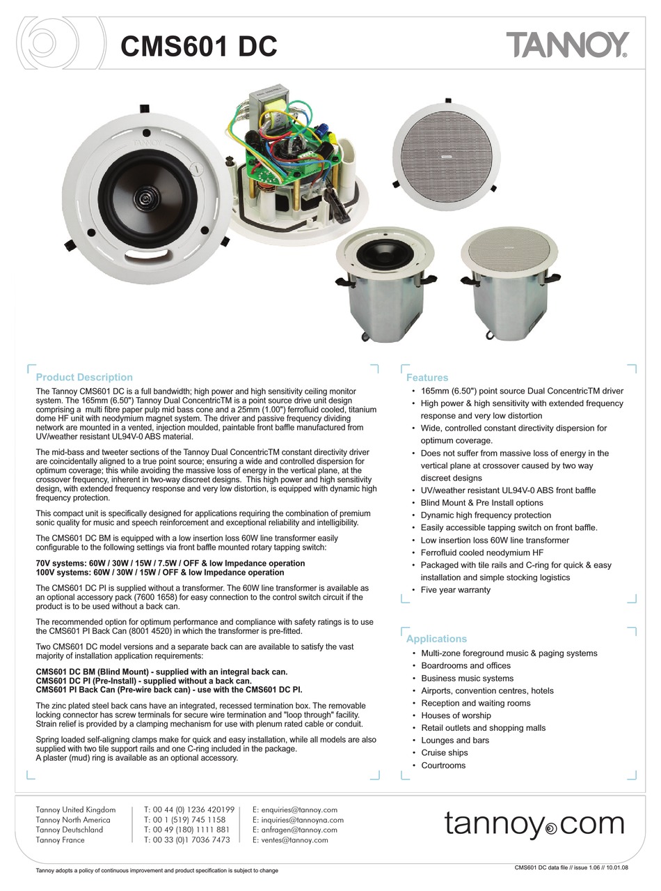 TANNOY CMS601 DC SPECIFICATIONS Pdf Download ManualsLib
