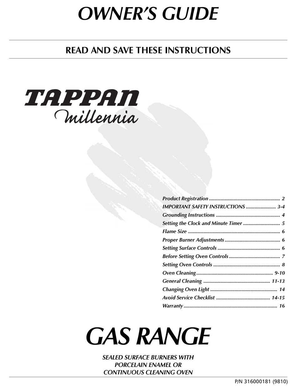 TAPPAN MILLENNIA 316000181 OWNER'S MANUAL Pdf Download ManualsLib
