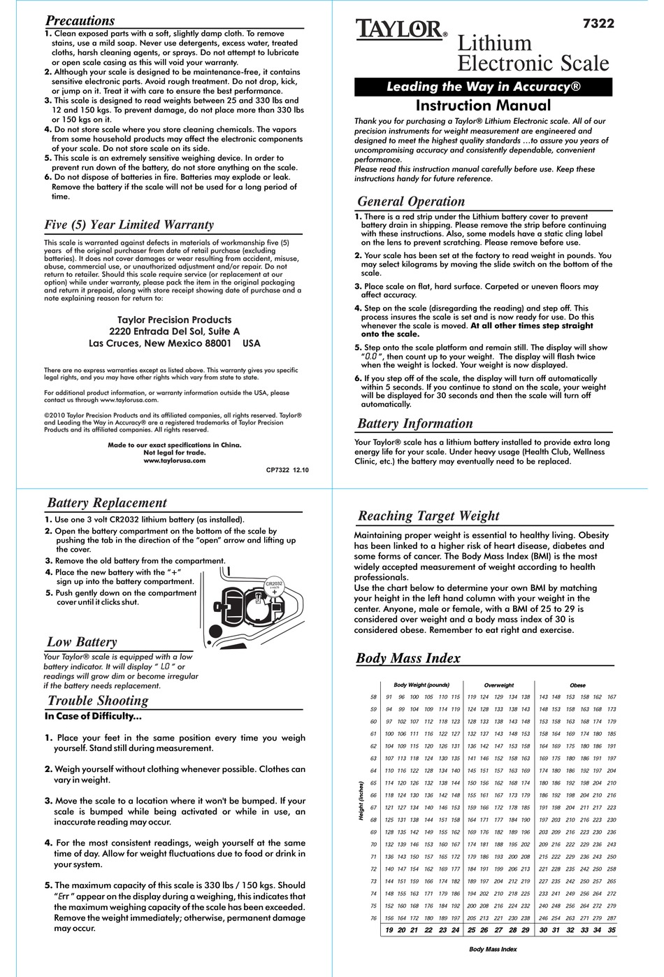 TAYLOR 5721F Body Composition Scale User Guide