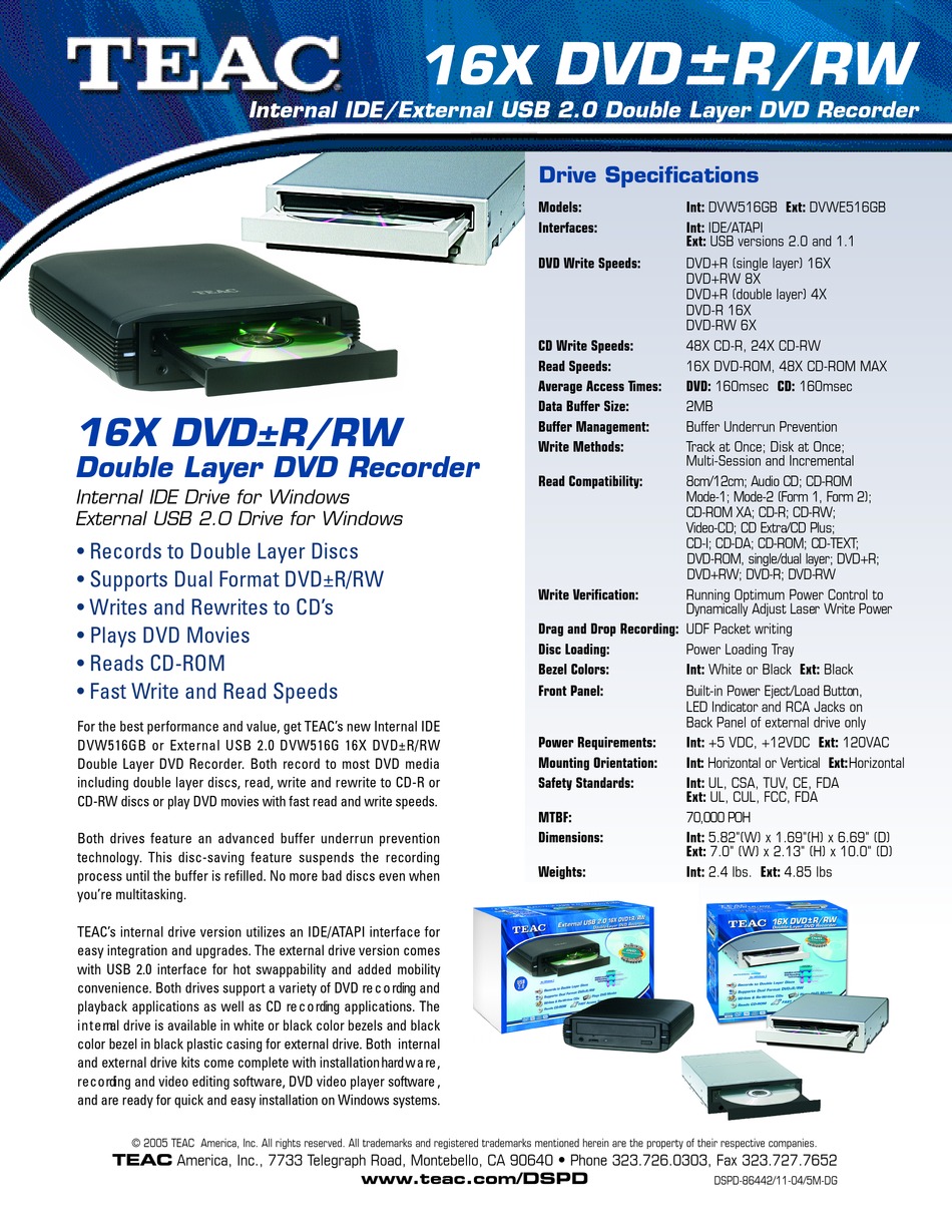 TEAC DVWE516GB SPECIFICATION SHEET Pdf Download ManuaLib
