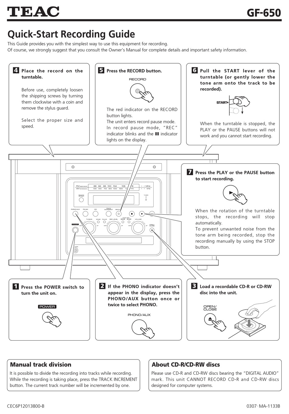 Teac Gf 650 Quick Start Recording Manual Pdf Download Manualslib