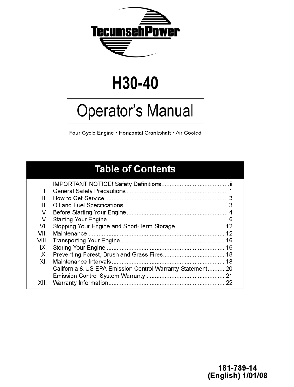 Tecumseh H30 40 Operator S Manual Pdf Download Manualslib