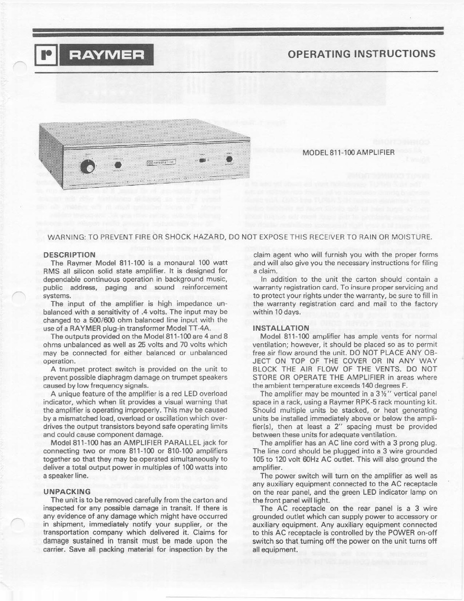 RAYMER AMPLIFIER 811-100 OPERATING INSTRUCTIONS Pdf Download | ManualsLib