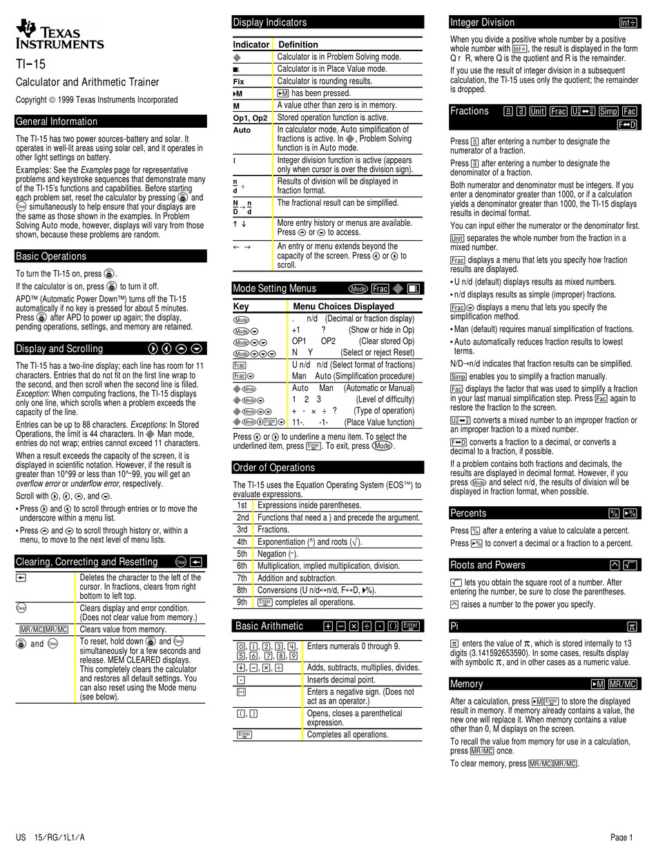 TEXAS INSTRUMENTS TI15 USER MANUAL Pdf Download ManualsLib