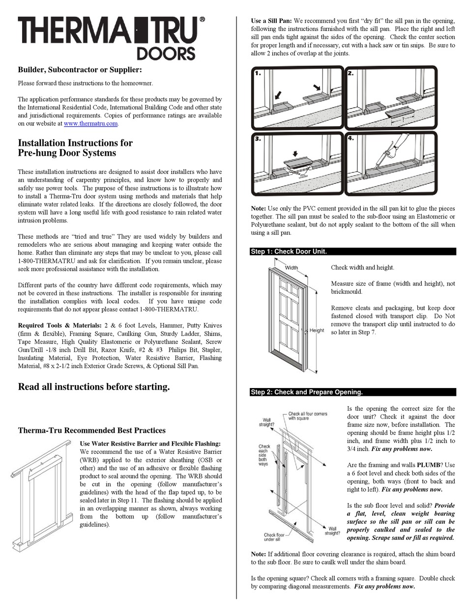 THERMATRU PREHUNG DOOR SYSTEMS INSTALLATION INSTRUCTIONS MANUAL Pdf