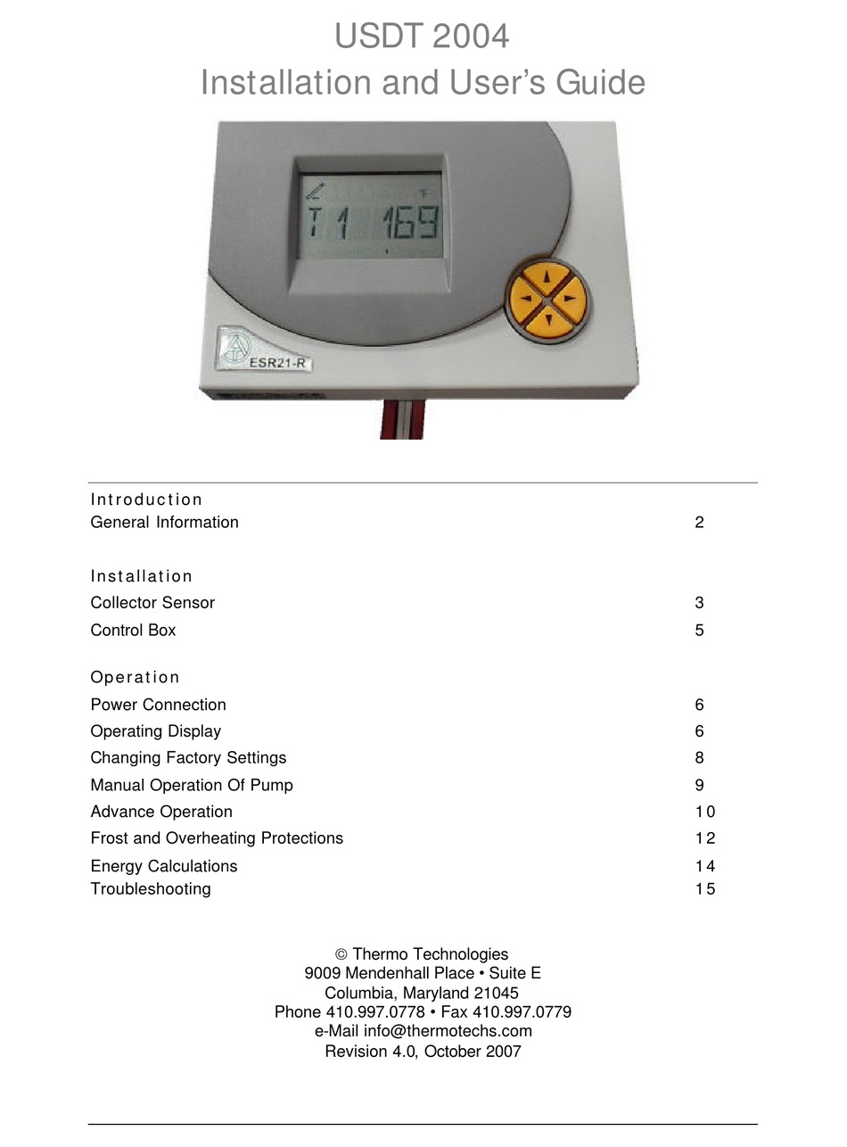 THERMO TECHNOLOGIES USDT 2004B INSTALLATION AND USER MANUAL Pdf
