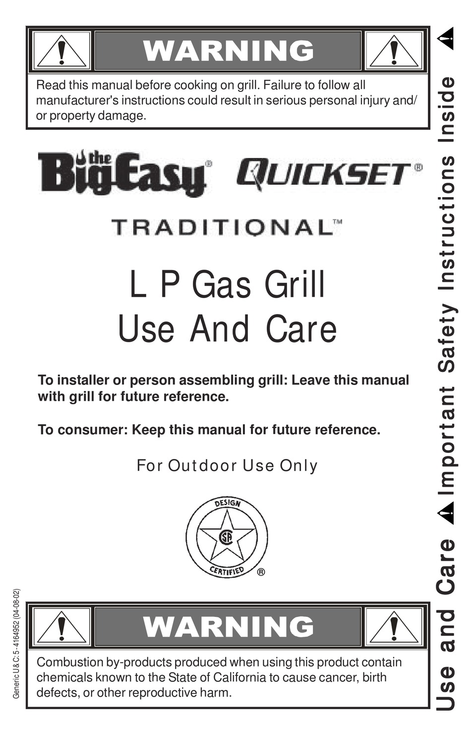 THERMOS THE BIG EASY QUICKSET TRADITIONAL LP GAS GRILL USE AND CARE